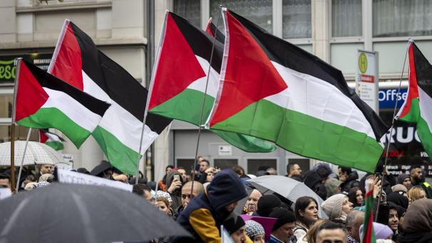 <p>Zahlreiche Menschen halten bei einer Pro-Palästina-Kundgebung in Düsseldorf Plakate und Fahnen in den Händen.</p>