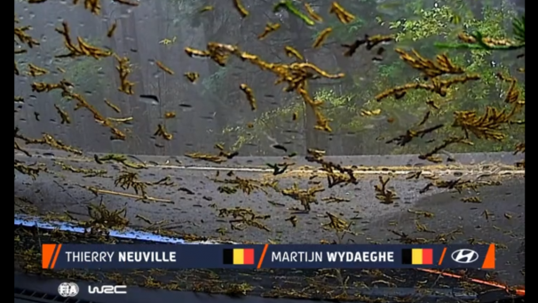 <p>Der Blick auf die Windschutzscheibe sagt alles: Thierry Neuville landete bei gefährlichen Fahrbedingungen im Straßengraben.</p>