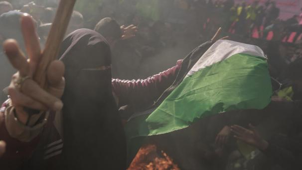 <p>Eine verschleierte Palästinenserin nimmt Anfang 2020 an einem Protest gegen den Plan von US-Präsident Trump für den Nahen Osten teil.</p>