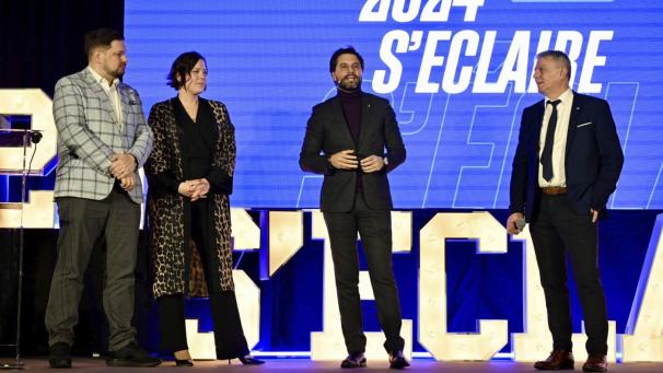 <p>Sacha Brandt, Evelyn Jadin, Georges-Louis Bouchez und Gregor Freches (v.l.)</p>