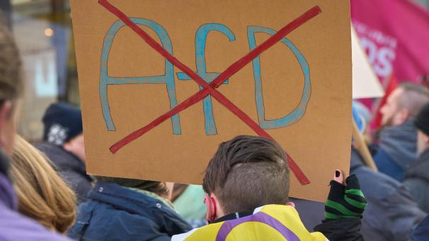 <p>Ein durchgestrichenes AfD-Logo ist auf einem Schild bei einer Demo gegen Rechts zu sehen.</p>