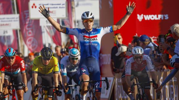 <p>Zweiter Sieg: Nach der erstengewinnt Tim Merlier (Soudal-Quick Step) auch die vierte Etappe der UAE Tour.</p>