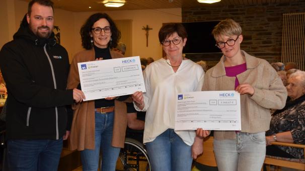 <p>Christianne Heck und Raphael Bodarwé (Heck) sowie Melanie Knips (IG) übergeben der Leiterin der Animationsgruppe, Elisabeth Töller-Schoffers (2.v.r.), großzügige Spenden.</p>