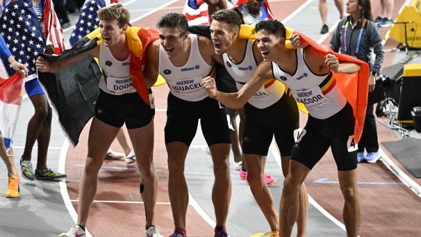 <p>Alexander Doom, Christian Iguacel, DylanBorlee undJonathanSacoor (v.l.n.r.) sorgten für Belgiensdrittes WM-Gold in Glasgow.</p>