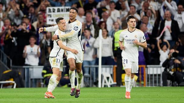 <p>Protagonisten im Schlagerspiel: Lucas Vazquez (l.) und Jude Bellingham (Mitte). Rechts ist Brahim Diaz zu sehen.</p>