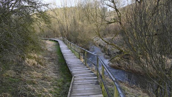 <p>Der längere Holzsteg wird zum Teil durch einen befestigen Weg ersetzt.</p>