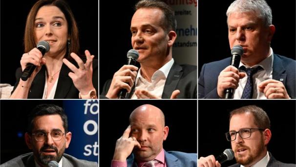 <p>Die sechs Spitzenkandidaten, die am Mittwoch auf der Bühne im Triangel sein werden: Fabienne Colling (Ecolo), Oliver Paasch (ProDG), Gregor Freches (PFF) (obere Reihe v.l.), Antonios Antoniadis (SP), Michael Balter (Vivant), Jérôme Franssen (CSP) (untere Reihe v.l.)</p>