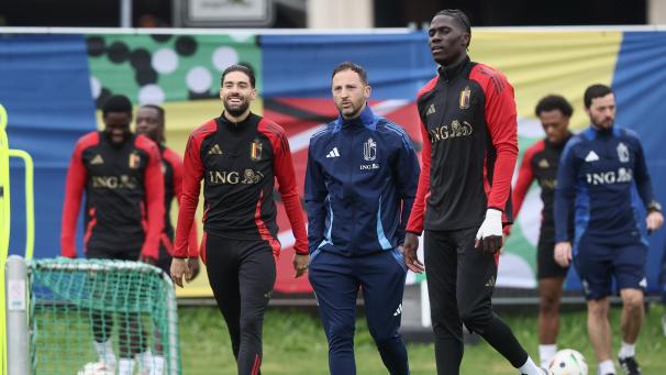 <p>Auch am Freitag war die Stimmung gut: Yannick Carrasco mit Trainer Tedesco und Mittelfeldabräumer Onana.</p>