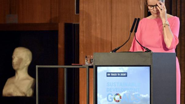 <p>Königin Mathilde sprach am Dienstag über den Fortschritt der Nachhaltigkeitsziele.</p>