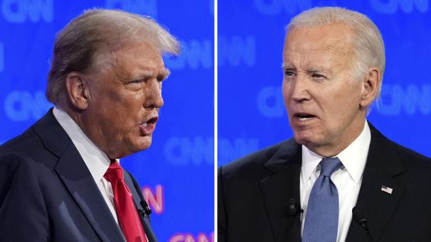 <p>Donald Trump (l) und US-Präsident Joe Biden während einer von CNN veranstalteten Präsidentschaftsdebatte</p>