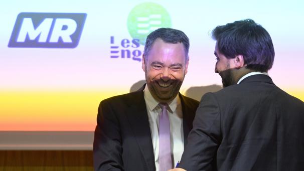 <p>Die parteipräsidenten Georges-Louis Bouchez (MR, rechts) und Maxime Prévot (Les Engagés).</p>