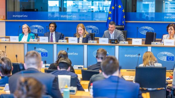 <p>Pascal Arimont (Mitte) bei der Anhörung im EU-Parlament zu Beginn des Jahres, an der Vertreter von TikTok, Snapchat, Facebook und Instagram teilnahmen.</p>