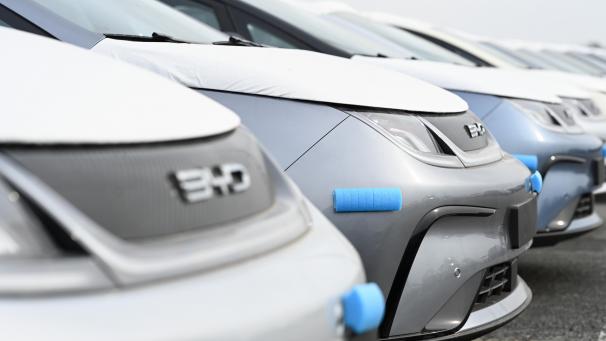 <p>Hunderte Neuwagen des Modells Dolphin vom Autohersteller BYD stehen im Hafen.</p>