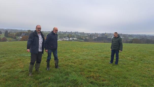 <p>Die Geologen Thomas Servais (rechts) und Jean-Marc Marion (2.v.l.) inspizieren mit dem Autor und Geschichtsforscher Hemann-Josef Giesen (links) jene Stelle am Ortsausgang von Deidenberg, wo sie das Hügelgrab („Tumulus“) vermuten, das der Flur „Tömmel“ ihren Namen gegeben haben dürfte. Im Hintergrund erkennt man das Dorf Amel.</p>