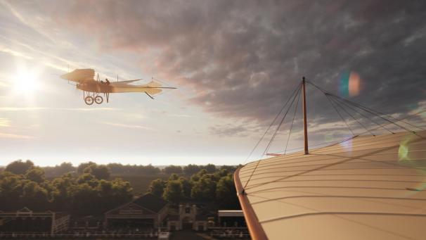 <p>In einer virtuellen Präsentation fliegen historische Flugzeuge über das Ruhrgebiet. Der Screen-Shot ist Teil einer Virtual-Reality-Präsentation der Stadt Essen, produziert vom Düsseldorfer Unternehmen Neonreal.</p>