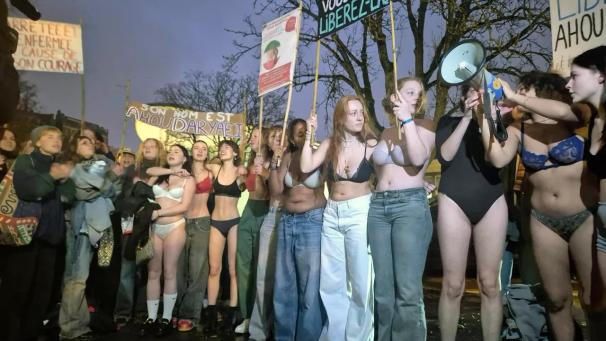 <p>Etwa 40 junge Frauen mobilisierten sich am Dienstag vor der iranischen Botschaft in Brüssel, um ihre Solidarität mit der Studentin Ahou Daryaei zu bekunden.</p>
