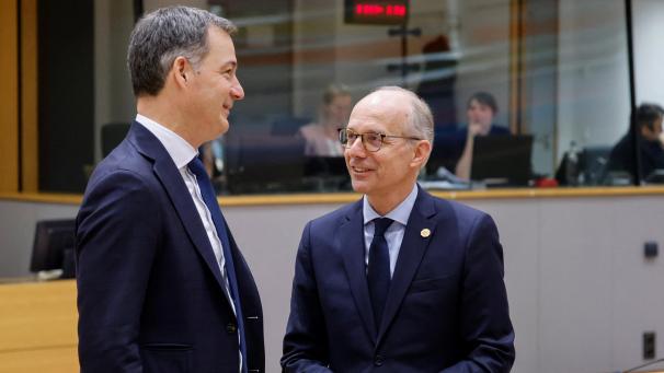 <p>Alexander De Croo (links)im Gespräch mit Luc Frieden (rechts)</p>