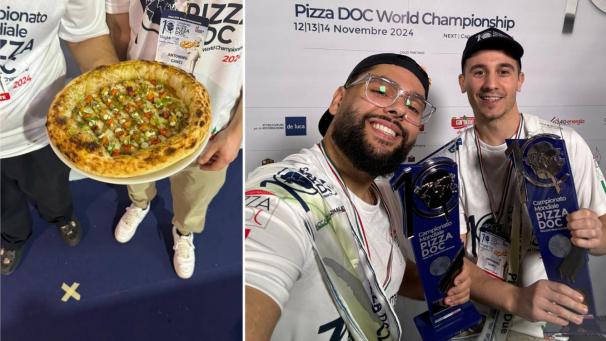 <p>Cristian Nistor (links) und sein Pizzabäcker Antho mit ihrer berühmten Pizza, die sie den Preisrichtern präsentieren.</p>