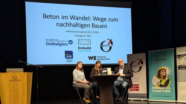 <p>Beton-Forscherin Julie Pierard, Professorin Wibke Hermerschmidt und Unternehmer Udo Linden beleuchteten das Thema aus verschiedenen Perspektiven.</p>