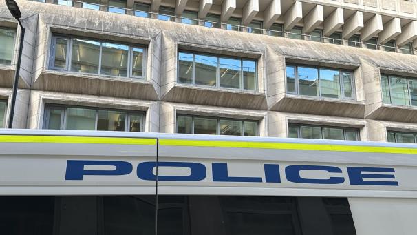 <p>Ein Polizeiauto steht vor dem britischen Justizministerium.</p>