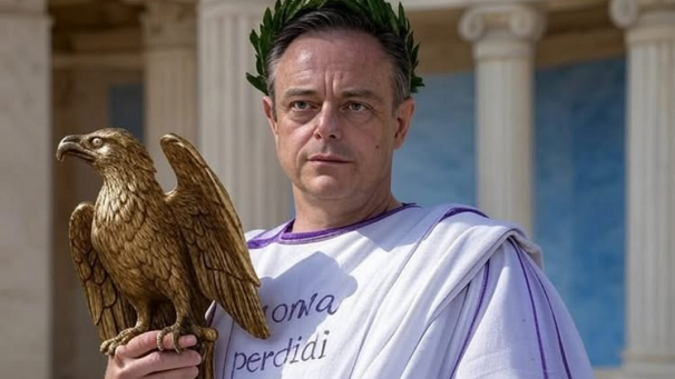 <p>Mit dieser Fotomontage, die De Wever in römischer Ausstattung zeigt, reagierte Vlaams-Belang-Chef Tom Van Grieken auf Instagram</p>