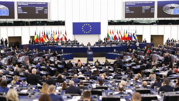 <p>Blick in den Plenarsaal des Europäischen Parlamentes in Straßburg, wo gerade der polnische Ministerpräsident spricht.</p>