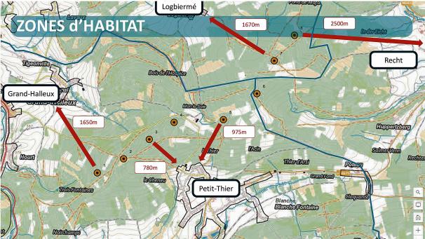 <p>Nicht acht Windräder, wie auf dieser Karte dargestellt, sondern nur noch fünf Windkraftanlagen sollen auf dem Höhenrücken von Mont-le-Soie unweit von Poteau und Recht errichtet werden.</p>