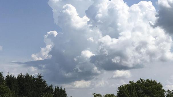 <p>Cumulus-congestus-Wolke über der Eifel: Aus dieser Wolke entwickelte sich später ein heftiges Gewitter. Schön sind die blumenkohlartigen Aufquellungen zu sehen.</p>