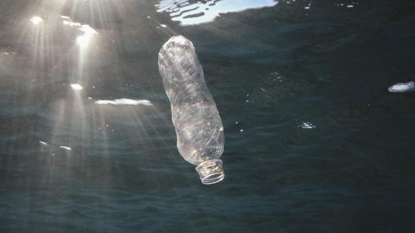 <p>Eine weggeworfene Plastikflasche treibt im Roten Meer vor Ägypten und wird von der Sonne angestrahlt.</p>