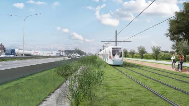<p>Visualisierung der geplanten Schnelltram entlang der A12: Das Projekt liegt nach jahrelanger Planung nun auf Eis.</p>