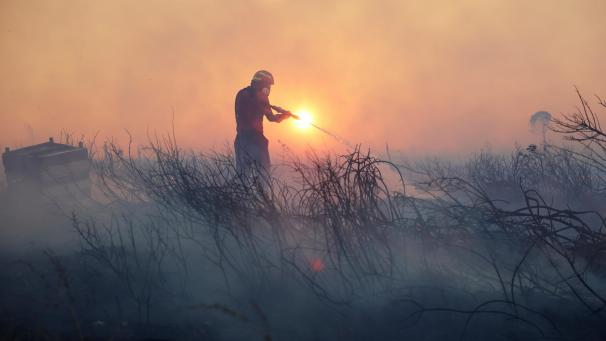 <p>Ein Feuerwehrmann versucht, die Flammen eines Waldbrandes im nordwestlichen Vorort Kryoneri bei Athen zu löschen.</p>