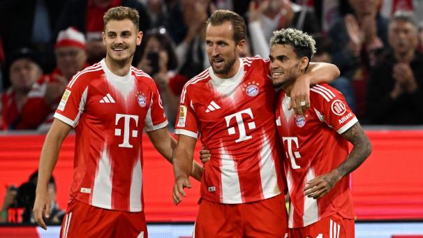 <p>Die Bayern um Dreierpacker Harry Kane (Mitte) und Debüt-Torschütze Luis Diaz (rechts) ließen Leipzig nicht den Hauch einer Chance.</p>