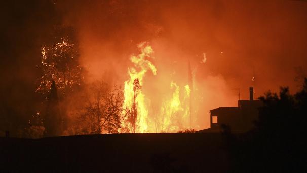 <p>Bei einem Waldbrand im Dorf Kaminia in der Nähe von Patras schlagen Flammen aus einem Wald.</p>