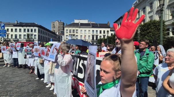 <p>In der Rue de la Loi in Brüssel werden die Namen von 69.000 Opfern des Gaza-Konflikts verlesen – ein stiller Protest niederländischer Aktivisten.</p>