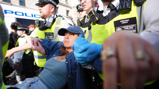 <p>Polizeibeamte halten eine Demonstrantin fest, die an einer von Defend our Juries organisierten Demonstration zur Aufhebung des Verbots der Palestine Action auf dem Parliament Square in London teilnimmt.</p>