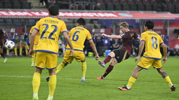 <p>Sehenswert: Kevin De Bruyne erzielt den Führungstreffer für die Roten Teufel.</p>