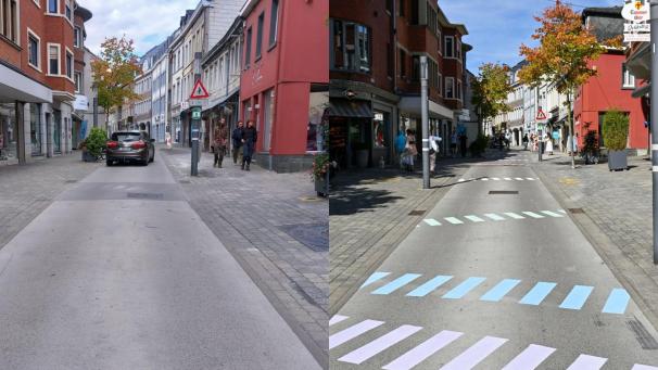 <p>Am Freitag (rechts) präsentierte sich die Eupener Klosterstraße noch schön bunt, am Montag (links) war davon schon nichts mehr zu sehen.</p>