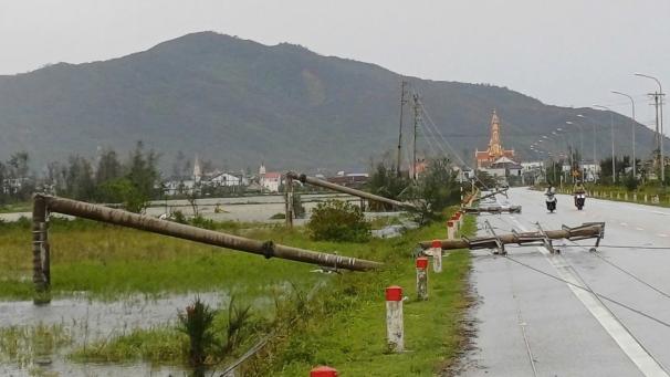 <p>Umgestürzte Strommasten liegen auf einer Straße in Thanh Hoa, nachdem der Taifun „Bualoi“ über das Gebiet hinweggezogen ist.</p>