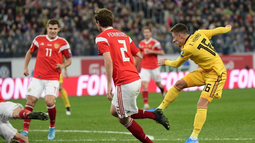 <p>Thorgan Hazard (rechts) brachte die Roten Teufel nach 18 Minuten in Führung.</p>