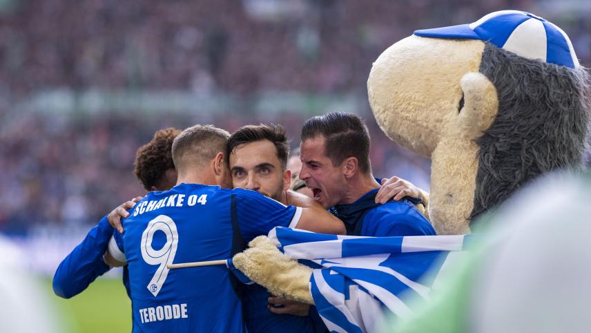 <p>Schalkes Spieler und Maskottchen Erwin jubeln mit Schalkes Kenan Karaman nach dessen Tor zum 3:1.</p>