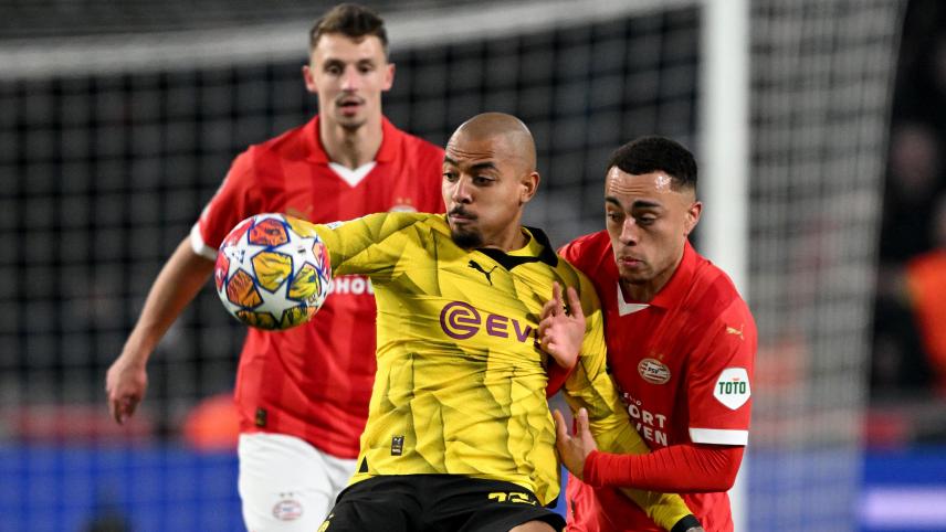 <p>Dortmunds Donyell Malen trifft gegen seinen Ex-Klub Eindhoven zum 1:0 für die Borussia.</p>