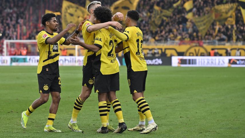 <p>Das 1:0 für Dortmund bei Union Berlin - von links Ian Maatsen, Nico Schlotterbeck, Torschütze Karim-David Adeyemi und Jadon Sancho jubeln.</p>