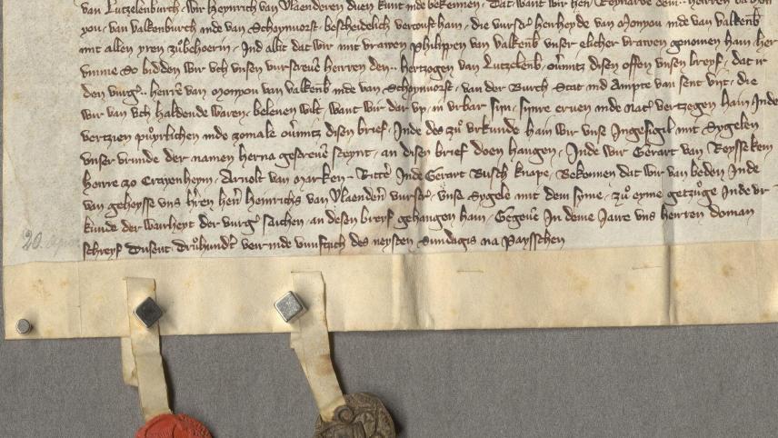 <p>Mit der Urkunde vom 20. April 1354 bittet Heinrich von Flandern Herzog Wenzel von Luxemburg, Reinhard von Schönau „mit Burg, Stadt und Amt St.Vith zu belehnen“.</p>