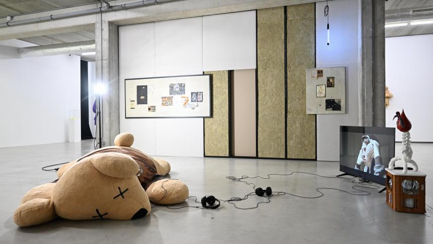 <p>Catherina Cramer zeigt ein Filmprojekt. Die Zuschauer können auf einem riesigen Teddy Platz nehmen.</p>